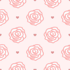 Repeating hearts and rose flowers drawn by hand. Cute floral seamless pattern.