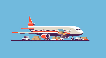transport airplane aircraft express delivery preparing flight airport air cargo international transportation concept forklift loading parcel boxes blue background flat horizontal vector illustration - obrazy, fototapety, plakaty