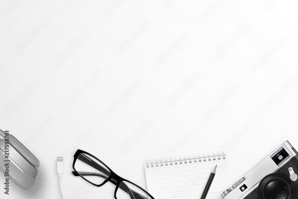 Poster office accessories on desk bottom. free space on top for text. flat lay scene. office desk compositi