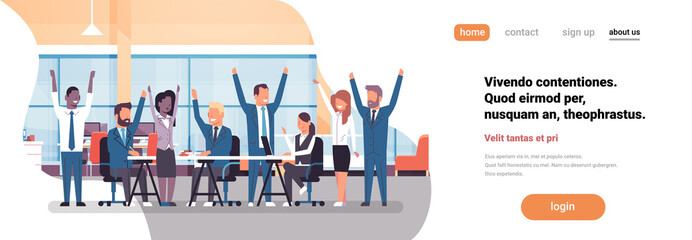 Cheerful business team sitting together people group successful teamwork concept man woman raised hands modern office horizontal banner flat copy space vector illustration