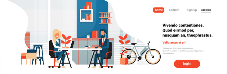 Business man woman sitting office desk modern coworking space working together interior background male female cartoon character horizontal banner flat vector illustration