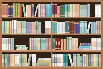 Bookshelves full of books. Education library and bookstore concept. Seamless pattern. Vector illustration.
