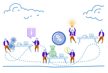 Naklejka premium business people money growth financial income office workplace network businessmen brainstormingprocess economy concept horizontal sketch doodle vector illustration