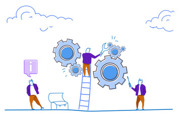 businessman climb ladder engineer wrench control gear wheel processing mechanism support teamwork concept on horizontal sketch doodle vector illustration