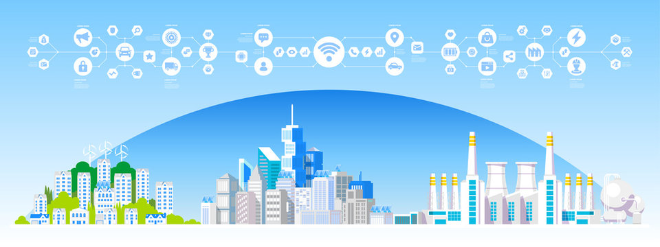 Flat Smart City, Eco Life, Industry Infographics