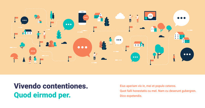 people online bubble chat speech communication map isometric concept computer mobile internet application horizontal banner blue background flat copy space vector illustration