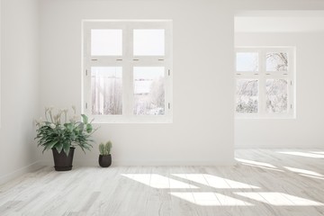 White empty room with winter landscape in window. Scandinavian interior design. 3D illustration