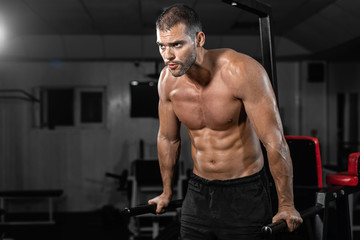 Fototapeta na wymiar Muscular man doing push-ups on uneven bars in crossfit gym.