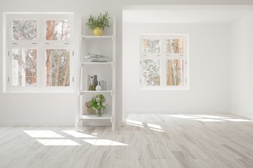 White empty room with winter landscape in window. Scandinavian interior design. 3D illustration