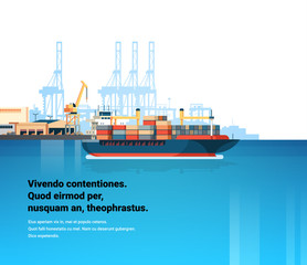 Industrial sea port cargo logistics container freight ship import export crane water delivery transportation concept shipping dock flat copy space vector illustration - obrazy, fototapety, plakaty