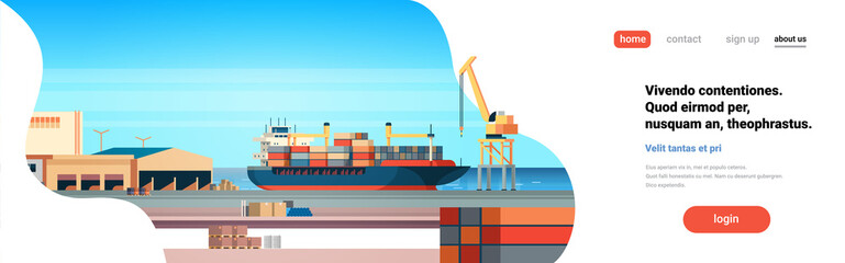 Industrial sea port cargo logistics container import export freight ship crane water delivery transportation concept shipping dock flat horizontal banner vector illustration