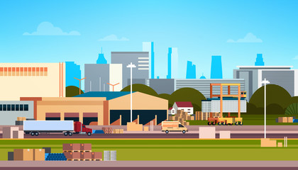 Global logistics network terminal delivery stock truck loading warehouse international shipping concept cityscape background flat horizontal vector illustration