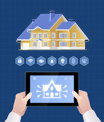 Smart Home Control via Mobile App. Holding by a man tablet PC below the project of a modern house. Illustration on the subject of 'Modern Technologies'.