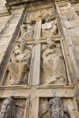 Santiago de Compostela, Galicia, Spain, June 14, 2018: Detail of the richly decorated façade of the Cathedral of St. James in Santiago de Compostela