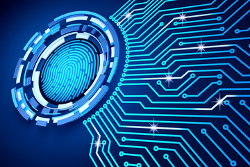 Electronic access security system and data protection technology concept, printed circuit board (pcb) around the fingerprint icon on a blue background