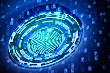 Electronic access security system and  data protection technology concept, fingerprint icon on a blue digital code background