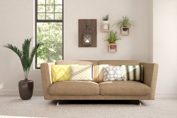Idea of white room with sofa and summer landscape in window. Scandinavian interior design. 3D illustration