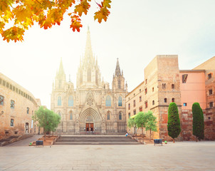 Square with cathedral church with fall sunlight in Gotic quarter of Barcelona, Spain
