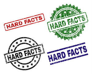 HARD FACTS seal prints with corroded surface. Black, green,red,blue vector rubber prints of HARD FACTS label with corroded surface. Rubber seals with round, rectangle, medallion shapes.