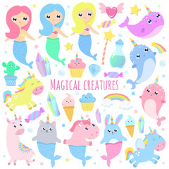 Magical creatures. Narwhal, unicorn mermaid,bunny mermaid, cat mermaid, pegasus, magical items vector illustration