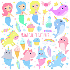 Obraz na płótnie Canvas Magical creatures. Narwhal, unicorn mermaid,bunny mermaid, cat mermaid, pegasus, magical items vector illustration