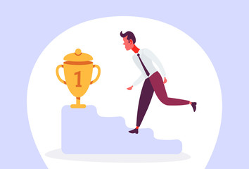 businessman climbing podium first place trophy winner concept golden cup cartoon character isolated full length flat horizontal vector illustration