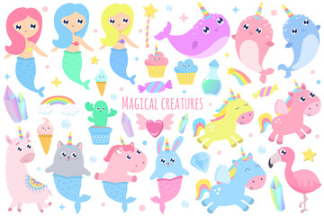 Magical creatures. Narwhal, unicorn mermaid,bunny mermaid, cat mermaid, pegasus, magical items vector illustration