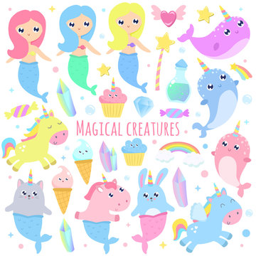Magical creatures. Narwhal, unicorn mermaid,bunny mermaid, cat mermaid, pegasus, magical items vector illustration