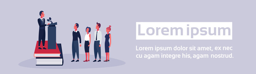 businessman standing book stack tribune business forum concept cartoon character gray background full length flat horizontal banner copy space vector illustration