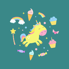 Cute unicorn and magical items vector illustration.