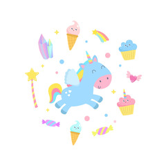 Cute unicorn and magical items vector illustration.
