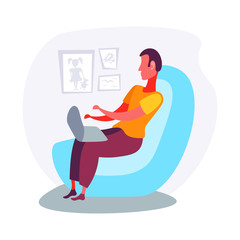 man using laptop armchair relax living room concept flat male cartoon character isolated vector illustration