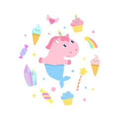 Cute unicorn mermaid and magical items vector illustration.