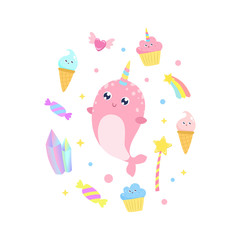 Cute narwhal and magical items vector illustration. © Svetlana