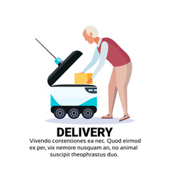 old man loading box robot self drive fast delivery goods in city car robotic carry concept isolated copy space flat vector illustration