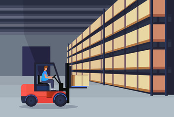 forklift loader working warehouse interior parcel box on rack logistic delivery cargo service concept rows shelves goods storage horizontal flat vector illustration