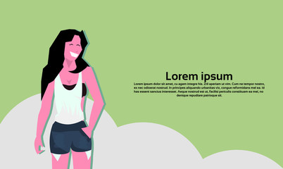 woman brunette hat hand in pocket standing pose female cartoon character portrait horizontal copy space flat vector illustration