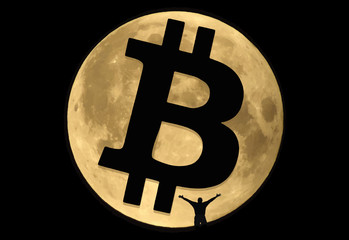 The moon, a bitcoin sign and a human figure. Vector Format.