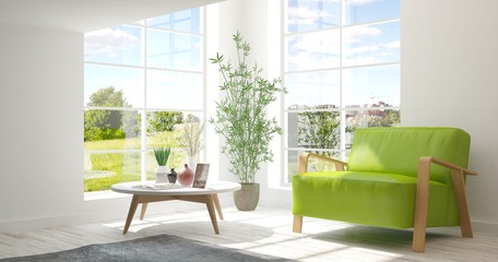 Idea of white room with armchair and summer landscape in window. Scandinavian interior design. 3D illustration