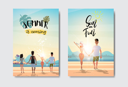 set man woman couple holding hands looking sunrise rear view summer vacation beach badge Design Label. lettering for logo,Templates, invitation, greeting card, prints and posters. vector illustration