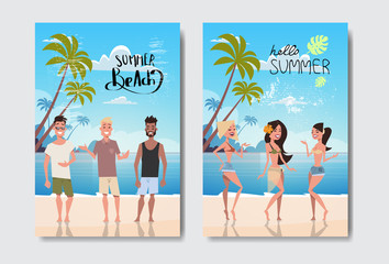 set vacation man woman relax landscape tropical beach badge Design Label summer lettering for logo Templates invitation greeting card prints and posters vector illustration