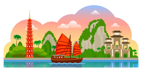 Fototapeta premium Vietnam. Morning panoramic view. Tran Quoc Pagoda, junk boat, mountains, Halong Bay. Vector flat illustration with different attractions for flyer, magazines, posters, book cover, banners and guide