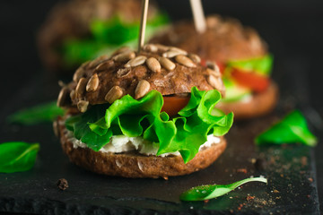 Green sandwich with salad, tomatoes, cucumbers and cream cheese.