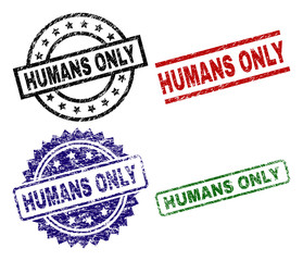 HUMANS ONLY seal prints with corroded surface. Black, green,red,blue vector rubber prints of HUMANS ONLY label with dirty surface. Rubber seals with round, rectangle, rosette shapes.