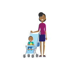 african mother baby son in stroller full length avatar on white background, successful family concept, flat cartoon vector illustration