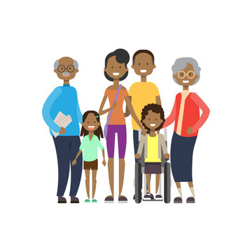 african grandparents parents children girl wheelchair , multi generation family, full length avatar on white background, happy family together concept, tree of genus flat cartoon vector illustration