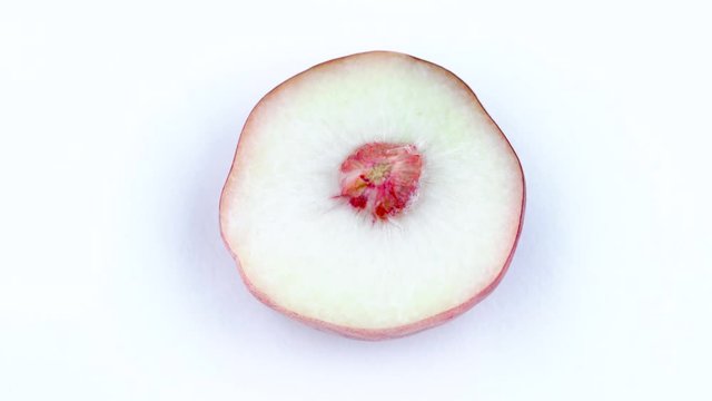 Top view from above. One half of a doughnut flat peach with a pit. Rotating on the turntable isolated on the white background. Close-up. Macro.