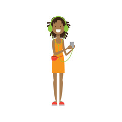african girl with headphones , full length avatar on white background, successful holiday concept, flat cartoon design vector illustration