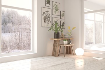 White empty room with winter landscape in window. Scandinavian interior design. 3D illustration