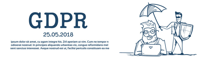 man in business suit shield hold umbrella client working office desk General Data Protection Regulation GDPR server security guard over white background hand drawn banner copy space vector